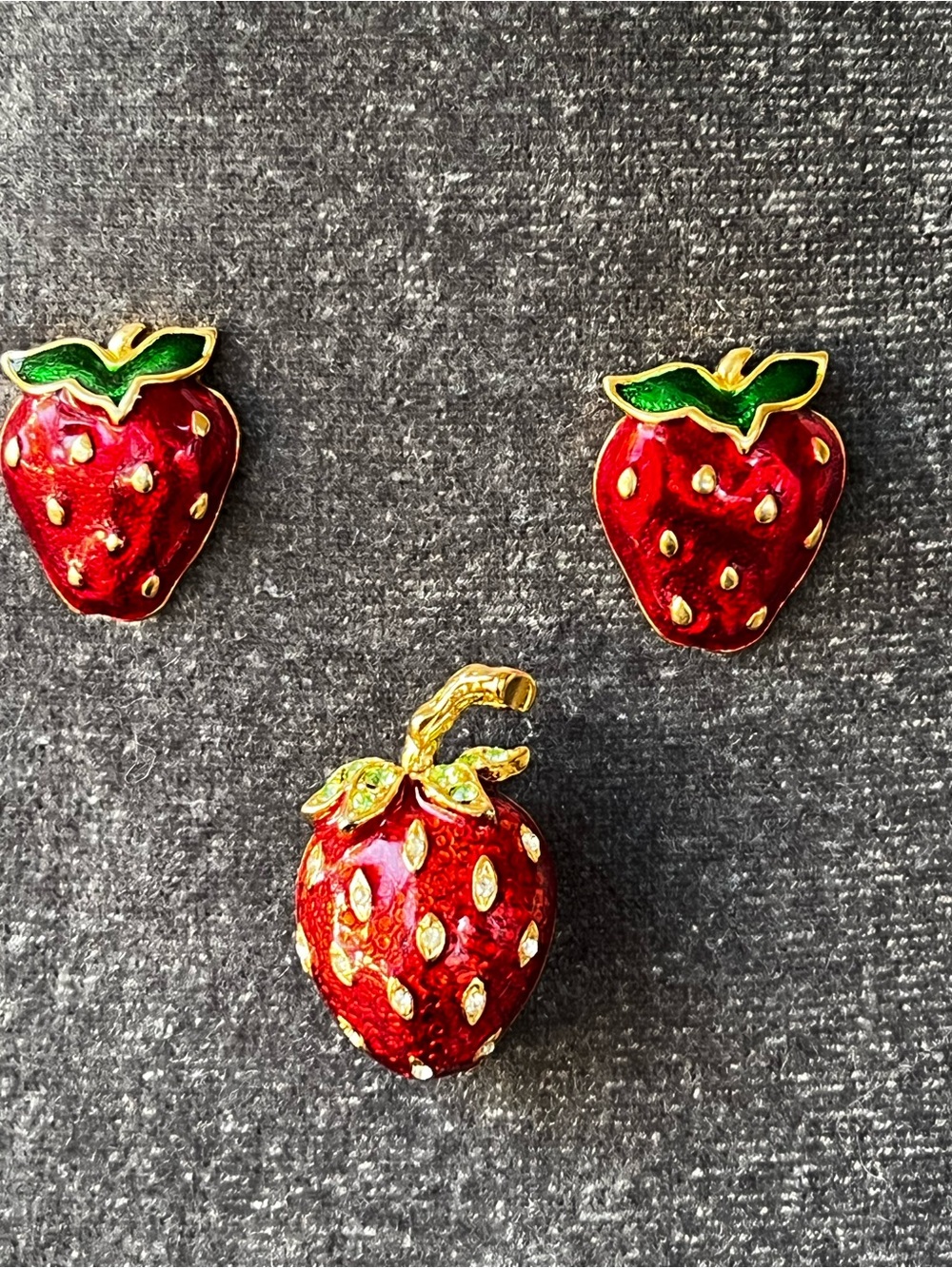 Strawberry Enamel Brooch and Earrings Set - Red & Green Fruit Jewelry